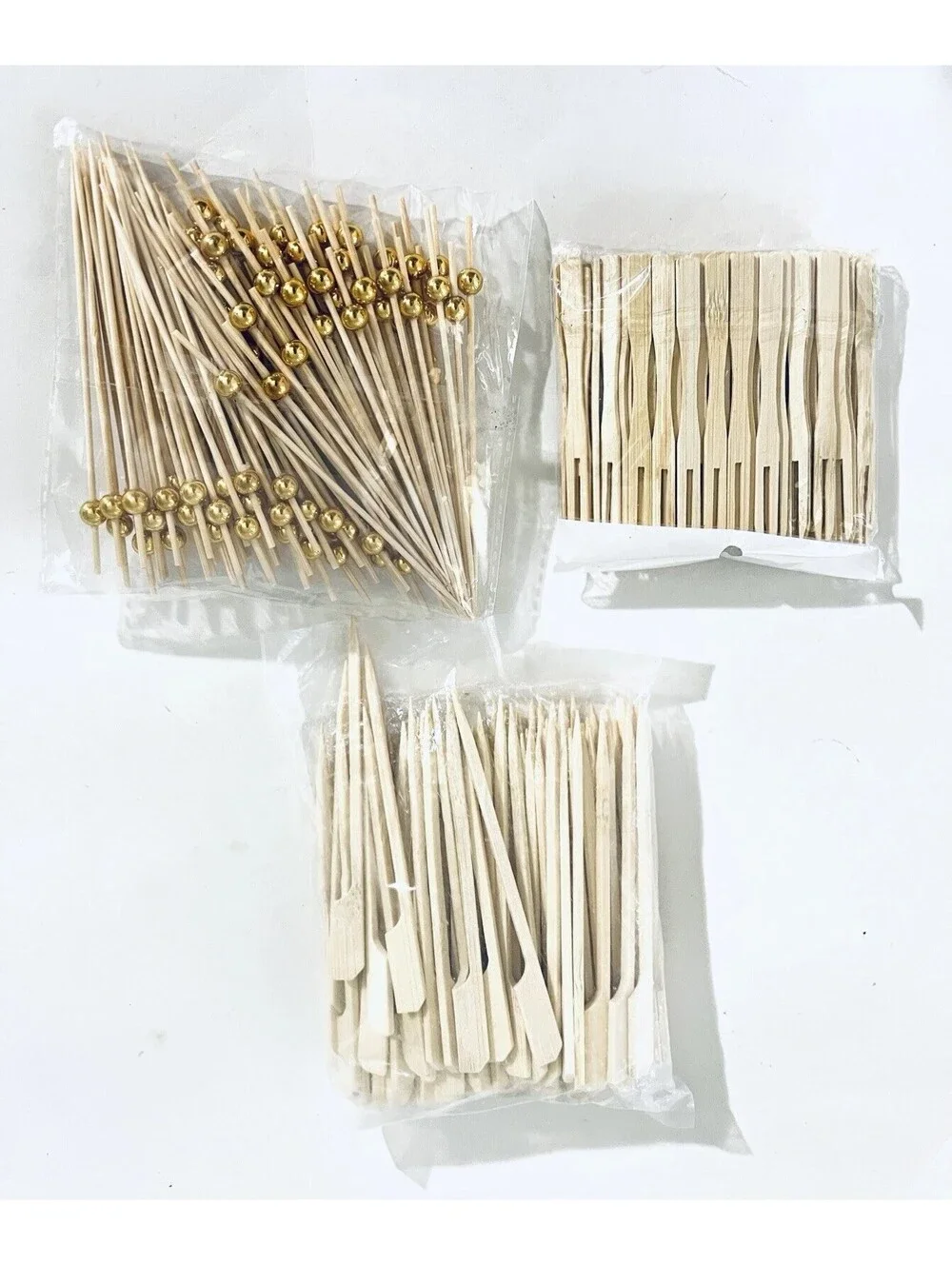 Approx 300 Bamboo Cocktail Picks Mini Forks Gold Bead Skewers Party Lot New